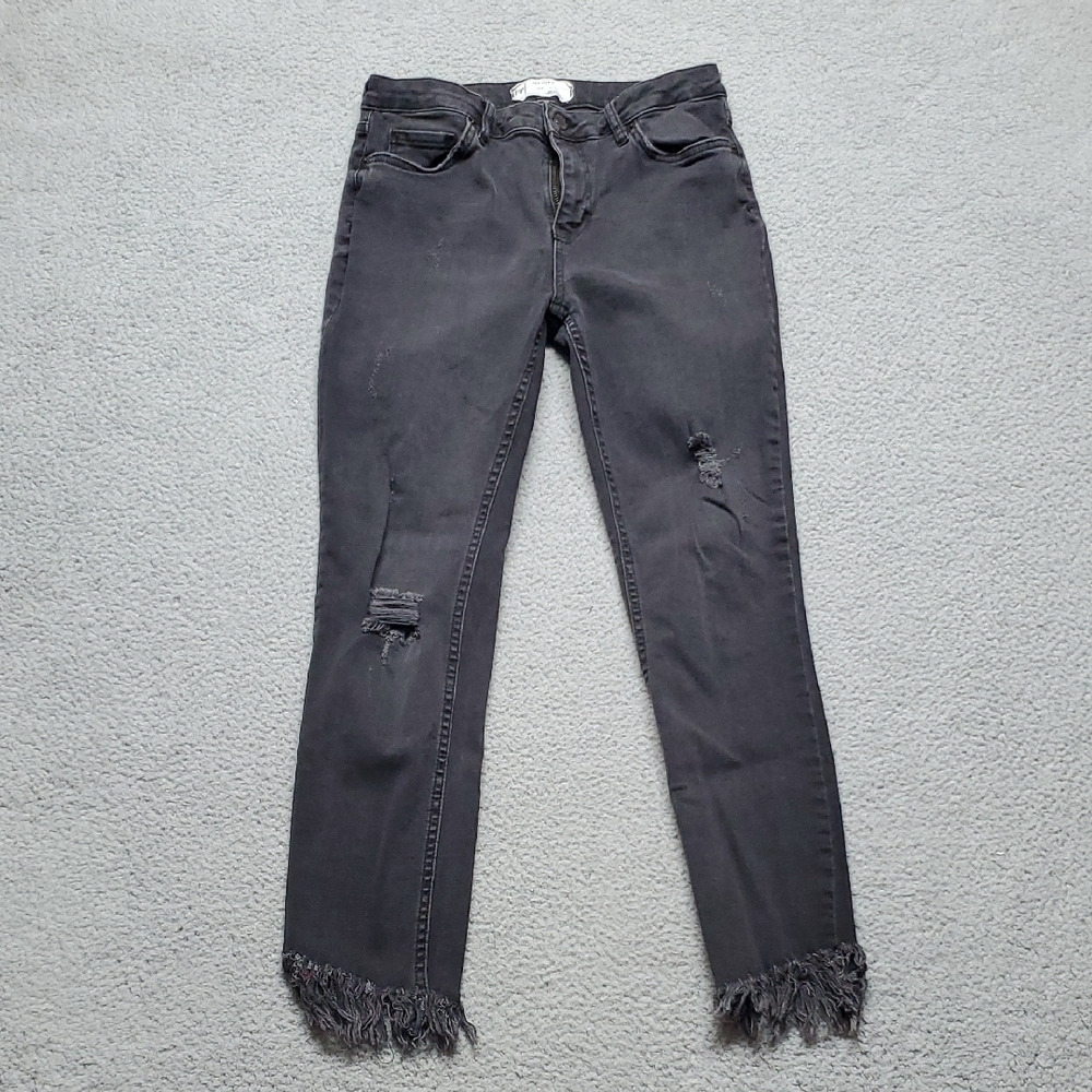 Free People Women's Black Straight-Leg Jeans with Fringed Hem Size 28